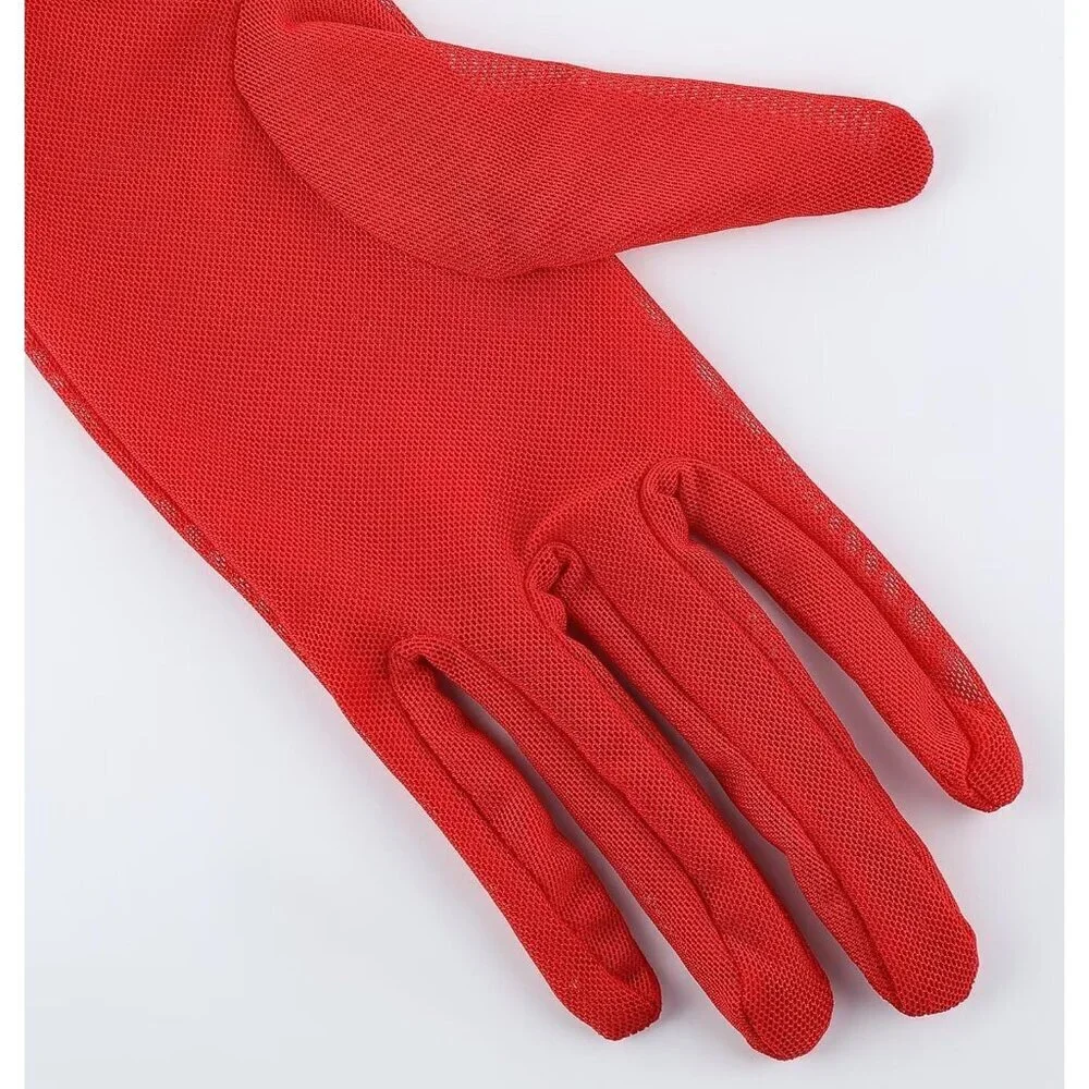 Women's Short Lace Dark Red Sheer Mesh Tea Party Prom Gloves Banquet Costume